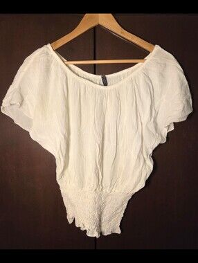 White Off-Shoulder Smocked Waist Top Women Size Medium Juniors'